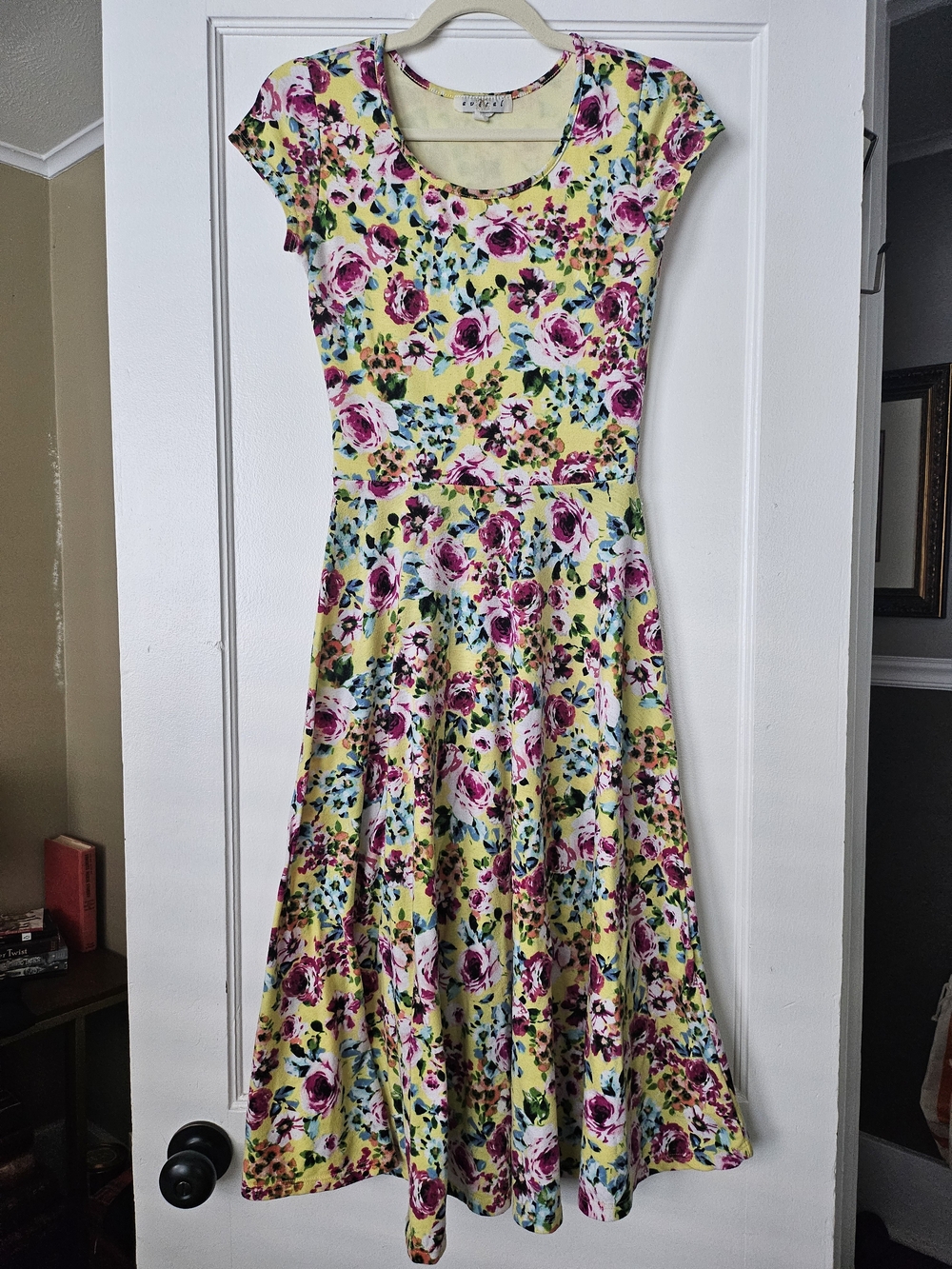 Vintage 90s Avital Yellow Floral Scoop-Neck Fit & Flare Dress